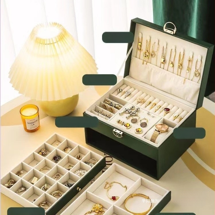 Daugiasluoksnė lengva prabangių papuošalų laikymo dėžutė su užraktu Daugiasluoksnė didelės talpos auskarų papuošalų laikymo dėžutė