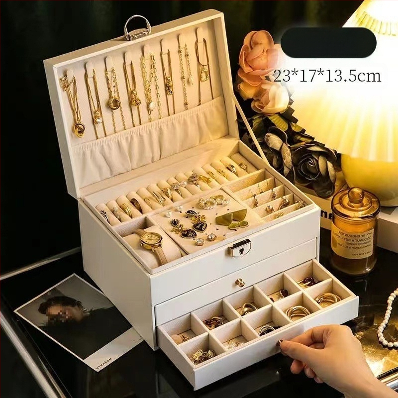 Daugiasluoksnė lengva prabangių papuošalų laikymo dėžutė su užraktu Daugiasluoksnė didelės talpos auskarų papuošalų laikymo dėžutė