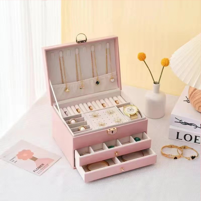 Daugiasluoksnė lengva prabangių papuošalų laikymo dėžutė su užraktu Daugiasluoksnė didelės talpos auskarų papuošalų laikymo dėžutė