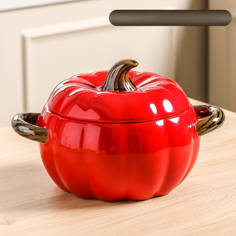 Δημιουργική κεραμική κατσαρόλα σούπας για οικιακή χρήση, υψηλής ποιότητας μπολ σούπας με κολοκύθα και διπλό αυτί, μπολ με σαλιγκάρι και noodles, μεγάλη λεκάνη σούπας με καπάκι, μεγάλο μπολ