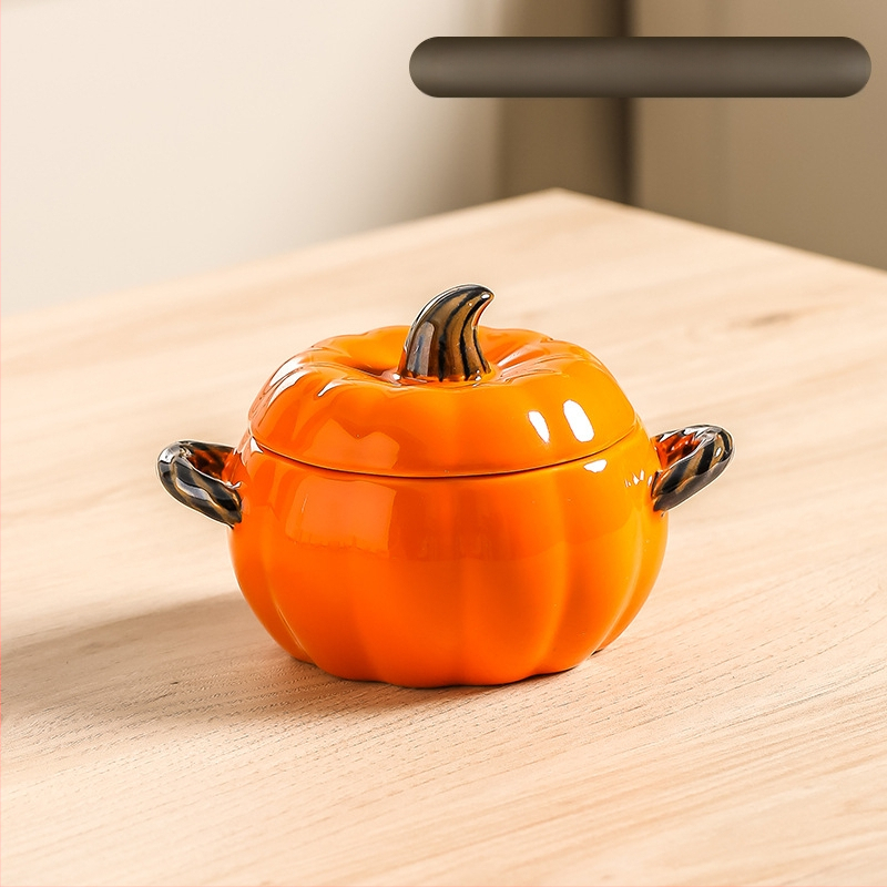 Radošs keramikas zupas katls, mājsaimniecības augstas krāsas ķirbju dubultausu zupas bļoda, gliemežu nūdeļu bļoda, liela zupas bļoda ar vāku, liela bļoda