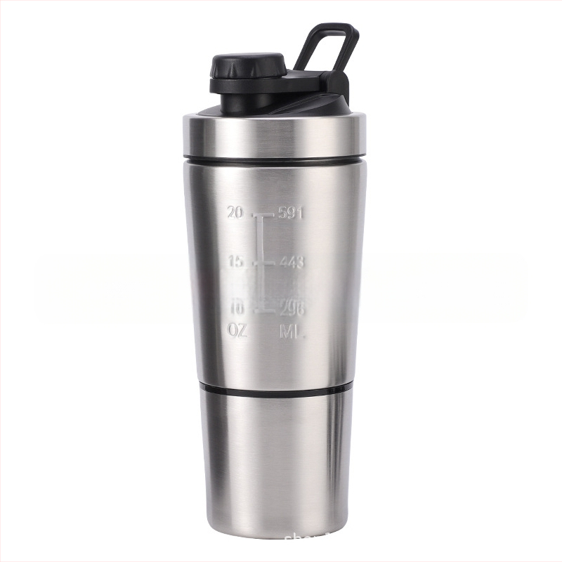 Еднослойна бутилка за протеинов прах от неръждаема стомана с отделение за съхранение, спортна чаша за смесване за фитнес на открито и удобна дръжка за разклащане