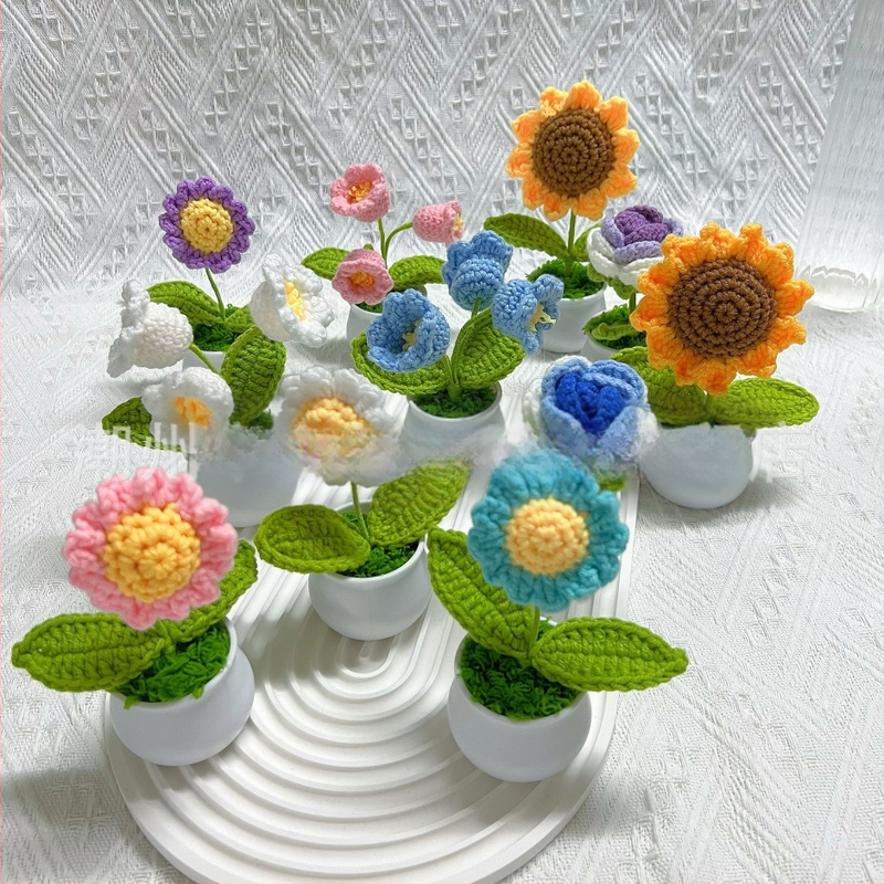 Vilnoniai megzti mini vazonų dekoracijos dirbtinių gėlių fabrikas rankų darbo vilnonių gėlių automobilių dekoravimas gatavų gaminių didmeninė prekyba