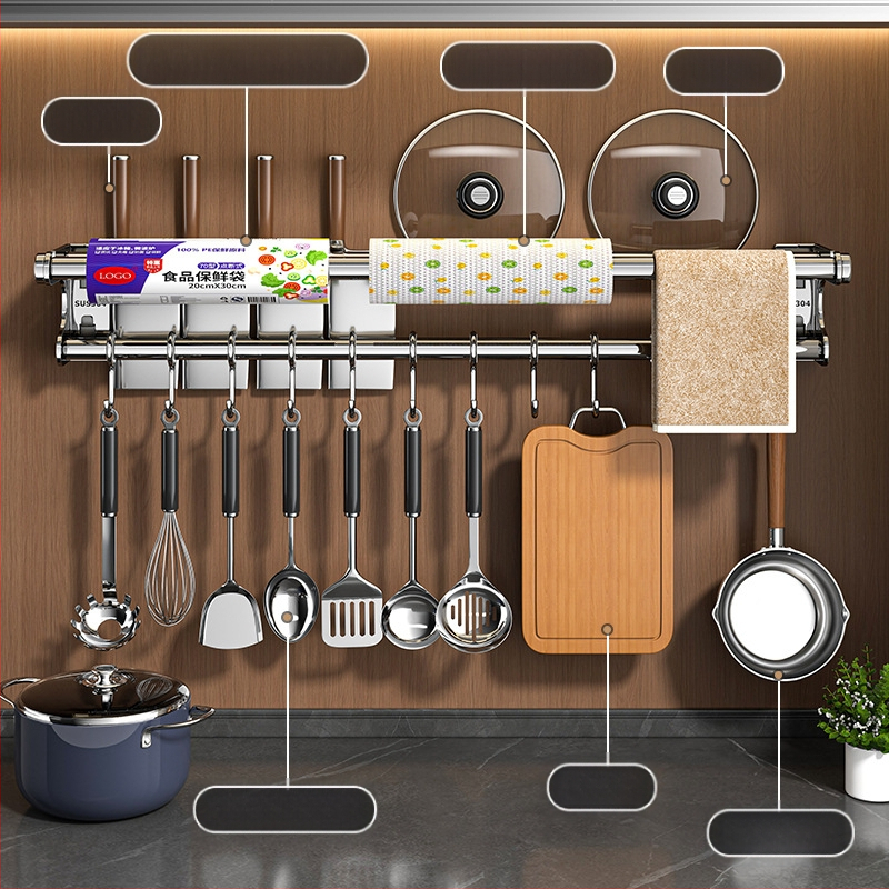 Neperforuojamas peilių laikiklis, 304 nerūdijančio plieno laikymo lentynėlė, virtuvės kabliukas, puodo užvalkalas, pjaustymo lentelė, plastikinės plėvelės servetėlių laikiklis