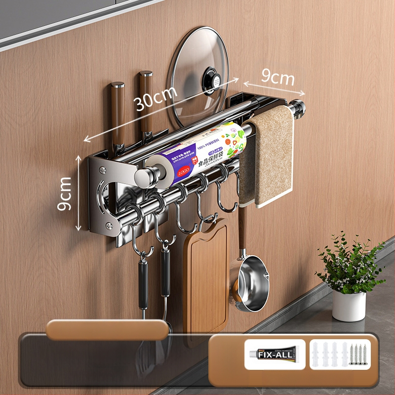 Neperforuojamas peilių laikiklis, 304 nerūdijančio plieno laikymo lentynėlė, virtuvės kabliukas, puodo užvalkalas, pjaustymo lentelė, plastikinės plėvelės servetėlių laikiklis