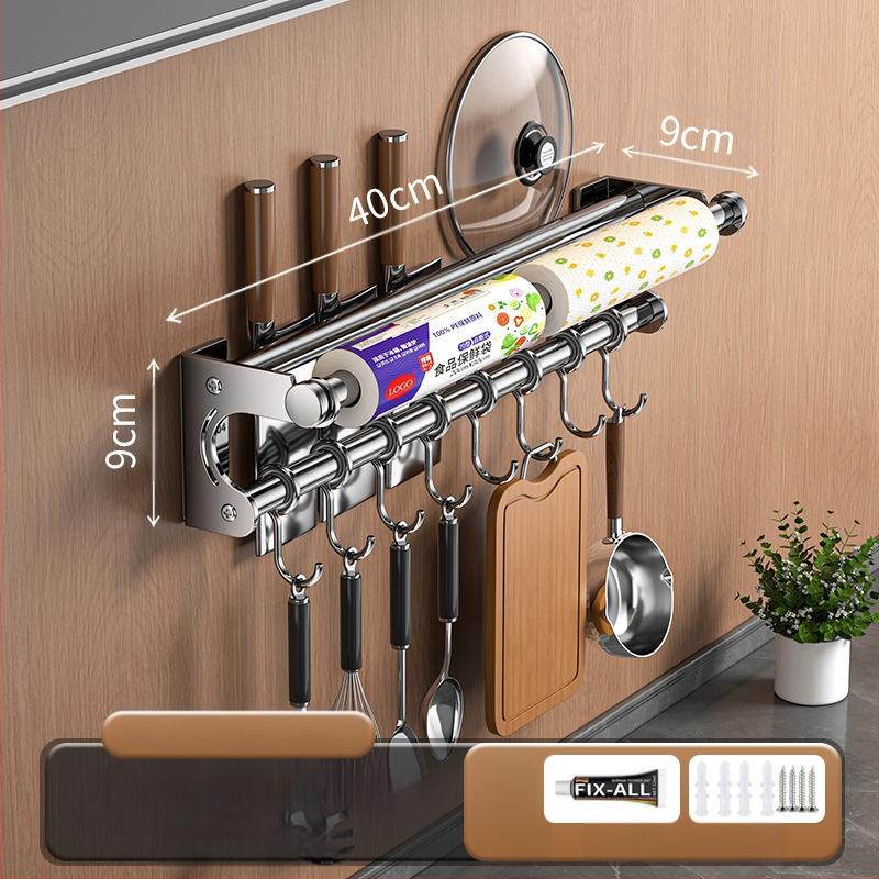 Neperforuojamas peilių laikiklis, 304 nerūdijančio plieno laikymo lentynėlė, virtuvės kabliukas, puodo užvalkalas, pjaustymo lentelė, plastikinės plėvelės servetėlių laikiklis