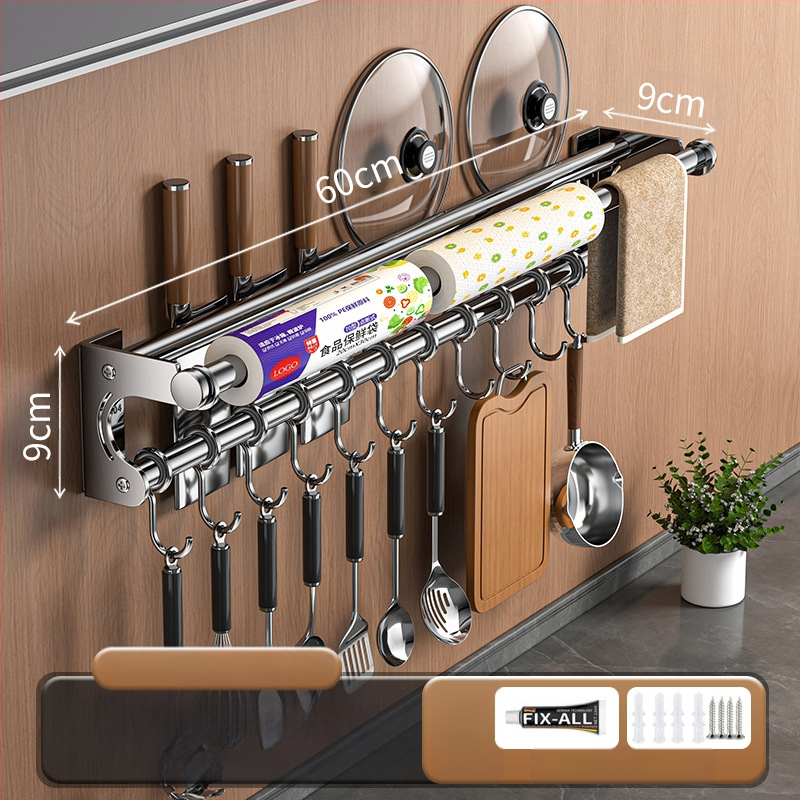 Neperforuojamas peilių laikiklis, 304 nerūdijančio plieno laikymo lentynėlė, virtuvės kabliukas, puodo užvalkalas, pjaustymo lentelė, plastikinės plėvelės servetėlių laikiklis