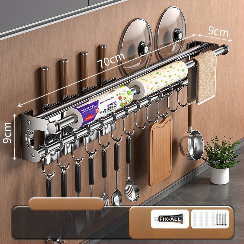 Neperforuojamas peilių laikiklis, 304 nerūdijančio plieno laikymo lentynėlė, virtuvės kabliukas, puodo užvalkalas, pjaustymo lentelė, plastikinės plėvelės servetėlių laikiklis