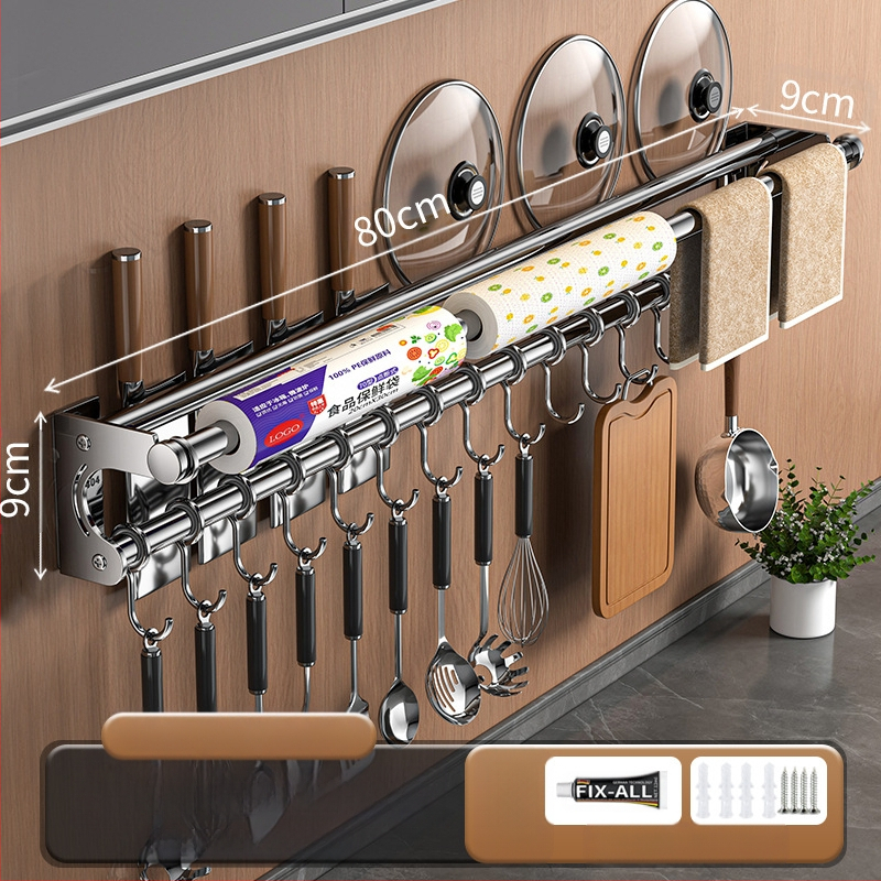 Neperforuojamas peilių laikiklis, 304 nerūdijančio plieno laikymo lentynėlė, virtuvės kabliukas, puodo užvalkalas, pjaustymo lentelė, plastikinės plėvelės servetėlių laikiklis