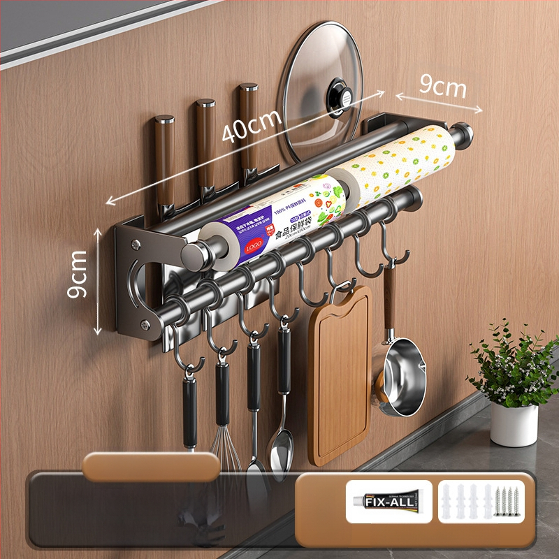 Neperforuojamas peilių laikiklis, 304 nerūdijančio plieno laikymo lentynėlė, virtuvės kabliukas, puodo užvalkalas, pjaustymo lentelė, plastikinės plėvelės servetėlių laikiklis