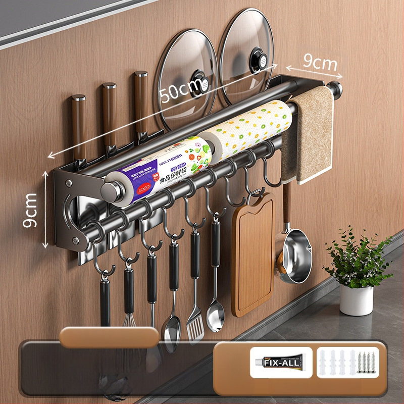 Neperforuojamas peilių laikiklis, 304 nerūdijančio plieno laikymo lentynėlė, virtuvės kabliukas, puodo užvalkalas, pjaustymo lentelė, plastikinės plėvelės servetėlių laikiklis