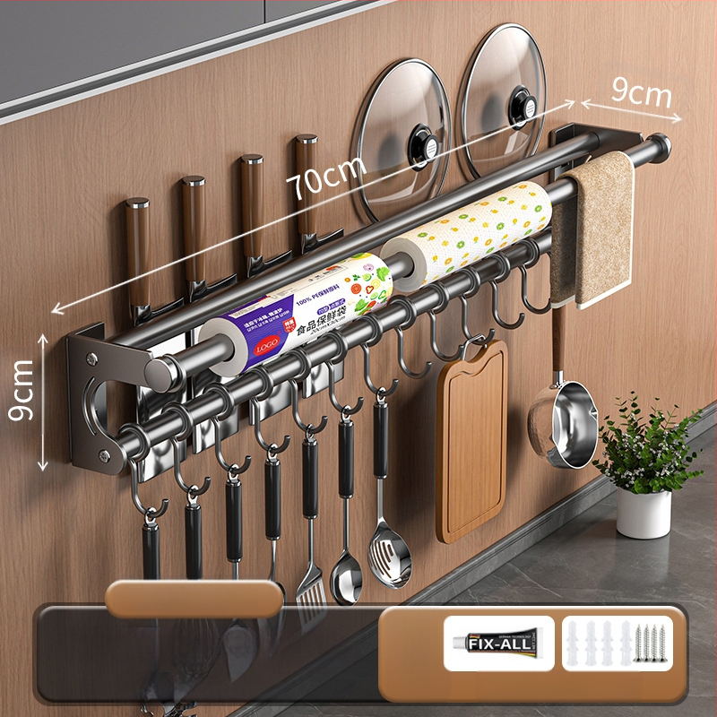 Neperforuojamas peilių laikiklis, 304 nerūdijančio plieno laikymo lentynėlė, virtuvės kabliukas, puodo užvalkalas, pjaustymo lentelė, plastikinės plėvelės servetėlių laikiklis