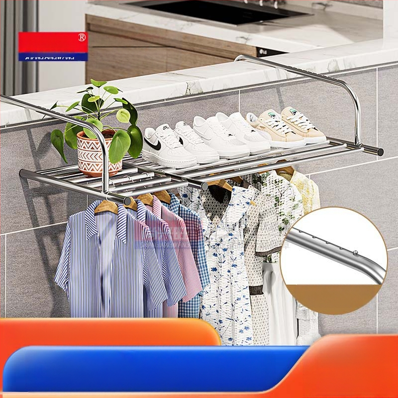 Roostevabast terasest aknast väljatõmmatav riidepuu, augustamata multifunktsionaalne rõdukuivatusrest, riideakna kokkupandav riiul