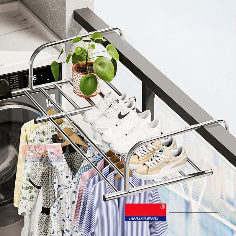 Roostevabast terasest aknast väljatõmmatav riidepuu, augustamata multifunktsionaalne rõdukuivatusrest, riideakna kokkupandav riiul