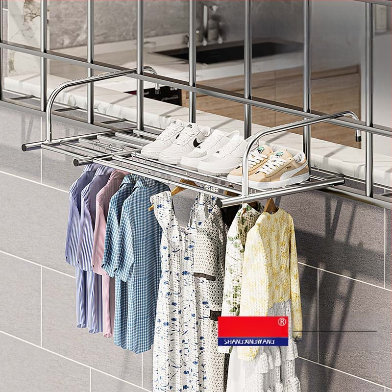 Roostevabast terasest aknast väljatõmmatav riidepuu, augustamata multifunktsionaalne rõdukuivatusrest, riideakna kokkupandav riiul