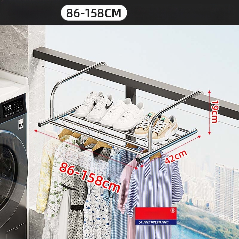 Roostevabast terasest aknast väljatõmmatav riidepuu, augustamata multifunktsionaalne rõdukuivatusrest, riideakna kokkupandav riiul