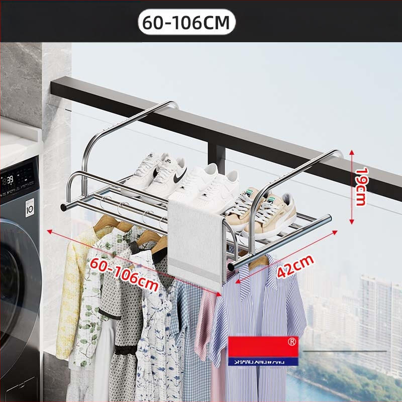 Roostevabast terasest aknast väljatõmmatav riidepuu, augustamata multifunktsionaalne rõdukuivatusrest, riideakna kokkupandav riiul