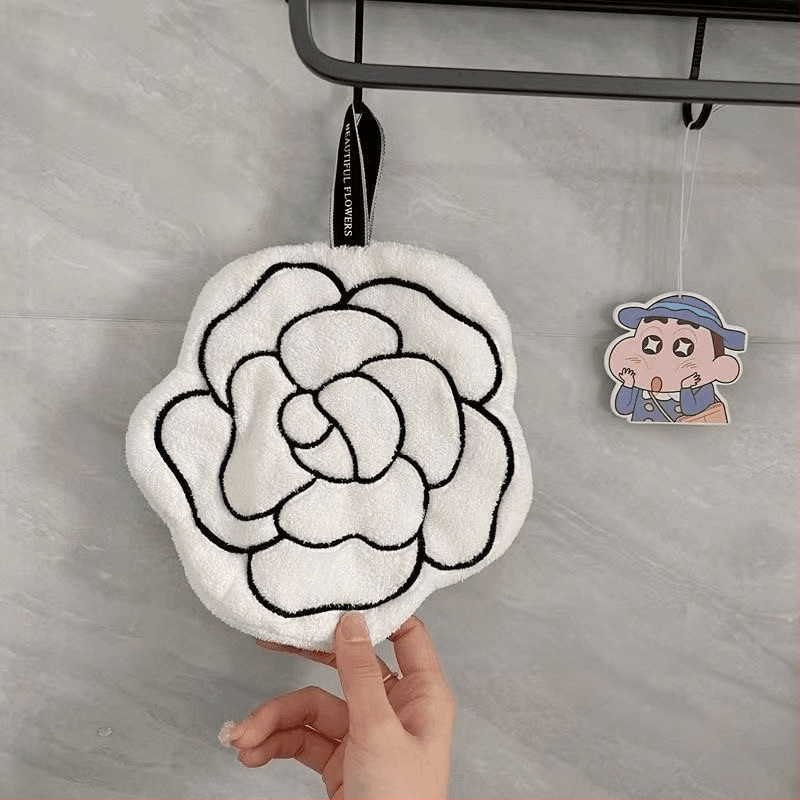 Pakabinamas buitinis rankšluostis, lengvas, prabangus, kamelijos gėlių rašto, virtuvės, vonios kambario rankšluostis, baltas, sugeriantis, lengvai valomas, minkštas, servetėlėmis