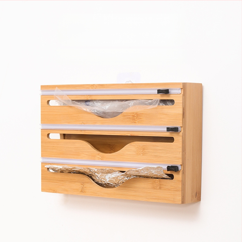 Atsitiktinė prie sienos tvirtinama medinė virtuvės daiktadėžė su paslėptu peiliuku ir plastikine plėvele