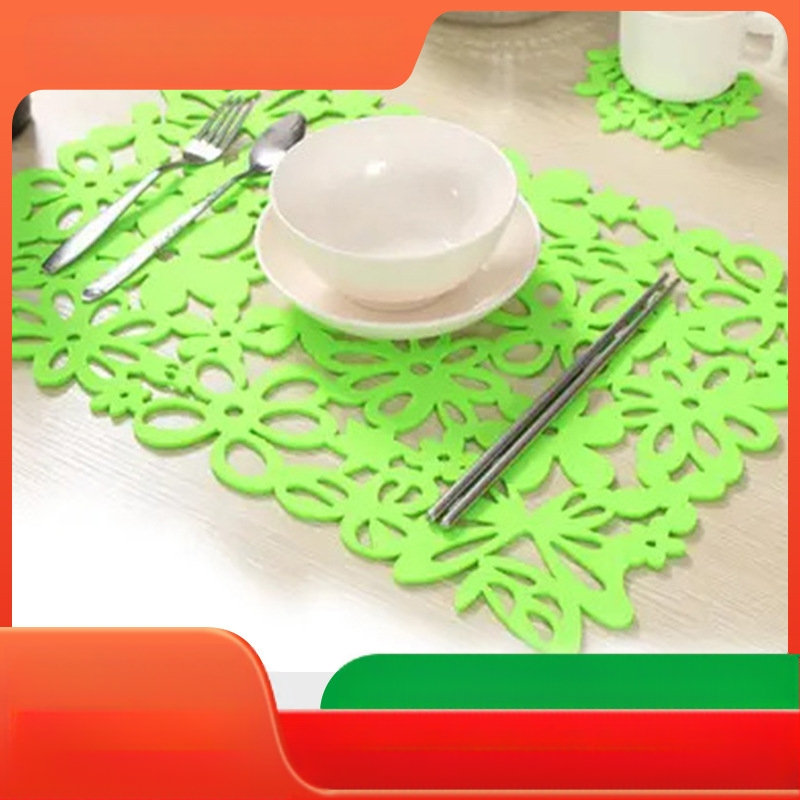 Ristkülikukujulised vildist lauaalused, vildist joogialused, õõnsad mitmevärvilised vildist lauaalused, lääneliku stiiliga luksuslikud söögialused, taldrikute ja kausside alused, laualinad