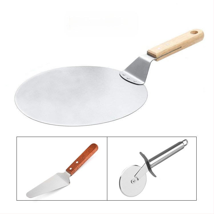 Gamykliniai kepimo įrankiai, trijų dalių picos rinkinys, medinė rankena, apvalus kastuvas, nerūdijančio plieno, peilis, medinė rankena, trikampis kastuvas