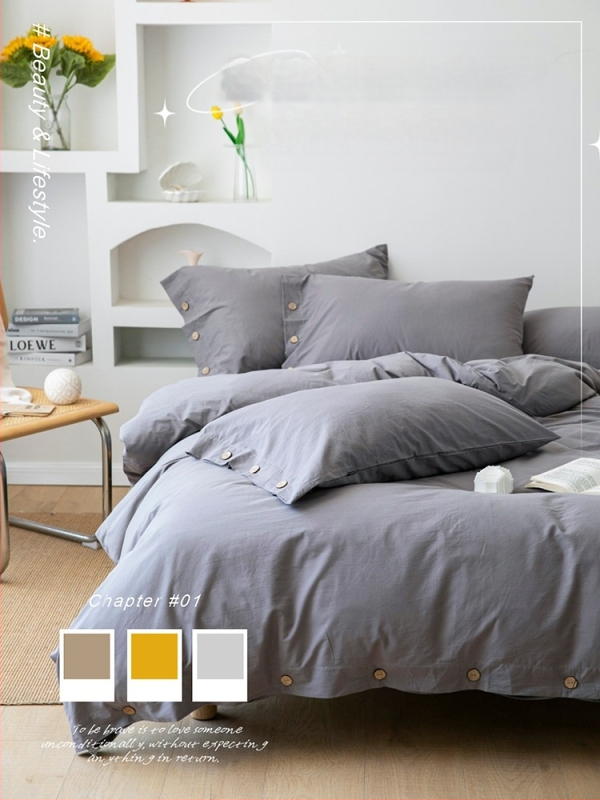 Japoniškas retro minimalistinis sagų stiliaus skalbtos grynos medvilnės keturių dalių komplektas, grynos spalvos, mažas, gaivus, paprastas bendrabučio stiliaus patalynės komplektas