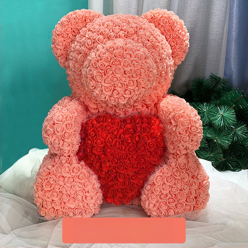 Rožinis lokys, konservuota gėlė, Valentino dienos imitacinė gėlių dovana, Pe lokio gimtadienio dovana, rožių burbulinė meška, užsienio prekyba, didmeninė prekyba