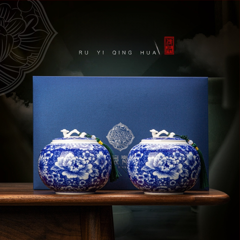 Kerámia teáskannák kínai stílusú Vintage Ruyi kék és fehér üvegek lezárt tárolóedények új dupla dobozos ajándékdobozok ajándékokhoz