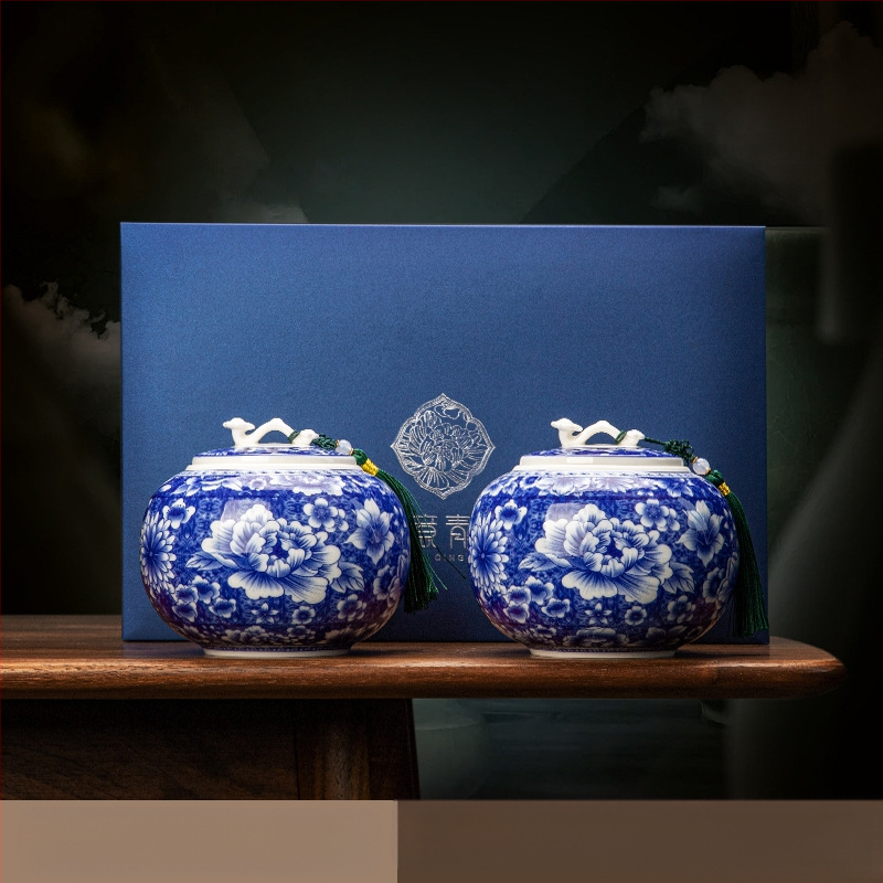 Kerámia teáskannák kínai stílusú Vintage Ruyi kék és fehér üvegek lezárt tárolóedények új dupla dobozos ajándékdobozok ajándékokhoz