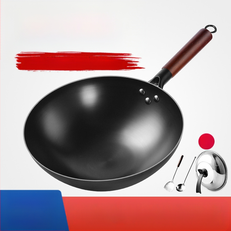 Viengabala piegādes vecmodīgs apaļdibena dzelzs katls ar mēles galu, neslīdošs dibens, mājsaimniecības gatavošanas katls, nepārklāts, nitridēts vārīts dzelzs katls