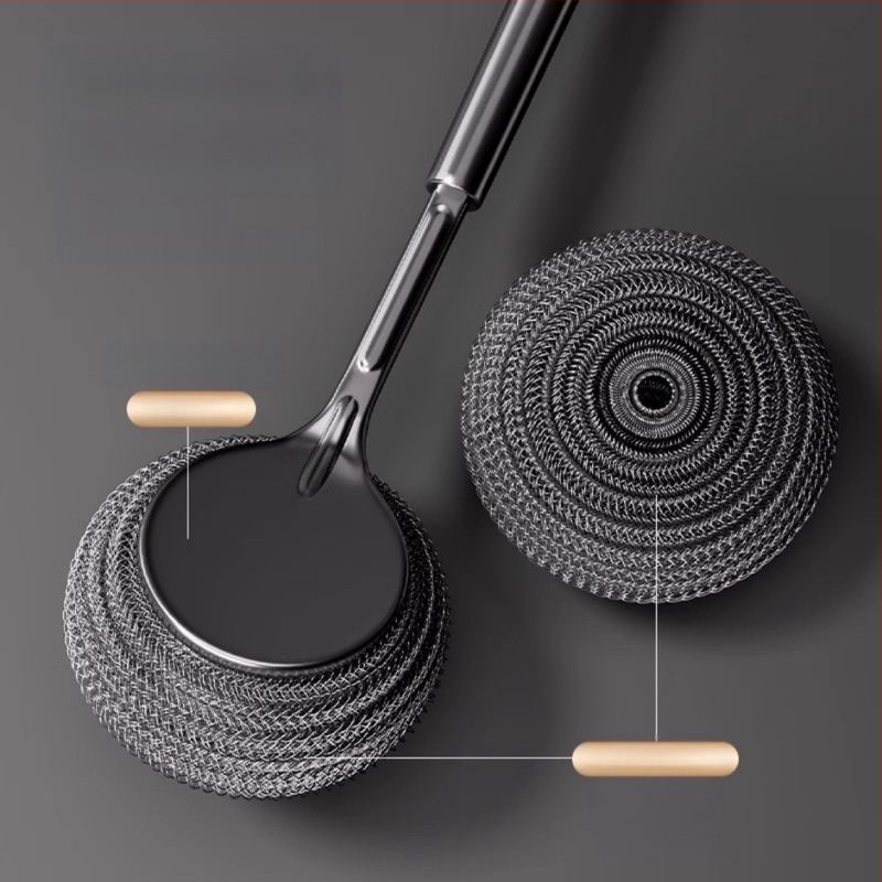 Nerūdijančio plieno puodų šepetys, specialus virtuvės plovimo puodui, plieninės vielos rutulinis šepetys, ilga rankena, indų plovimo valymo šepetys, šepetys, puodo artefaktas, nenukrenta šilko