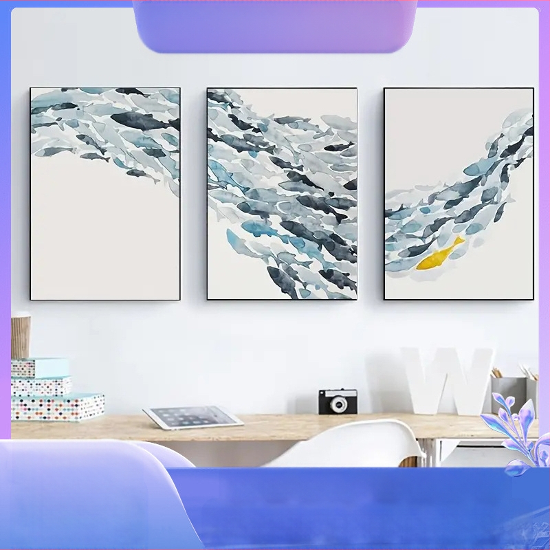 Риба Пътуване, за да печелите пари Тройна безрамкова сърцевина Северен стил Хол Диван Фон Висяща картина Ниша Светлина Луксозна Разширена Декоративна Живопис
