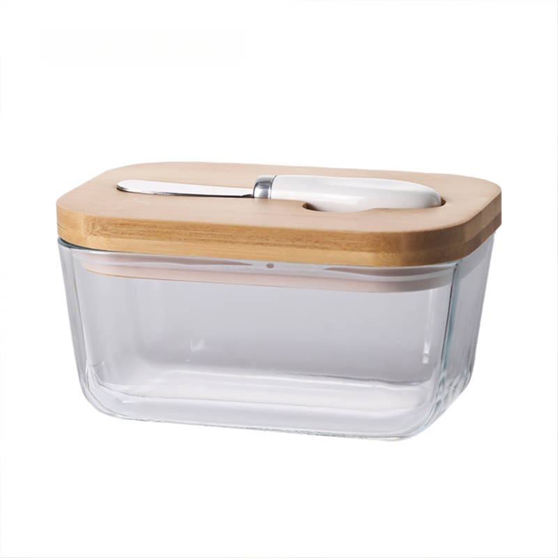 Läbipaistev klaasist võikarp bambusest kaane ja noaga keraamiline võipurk võikarp värske juustuga külmik lihtne