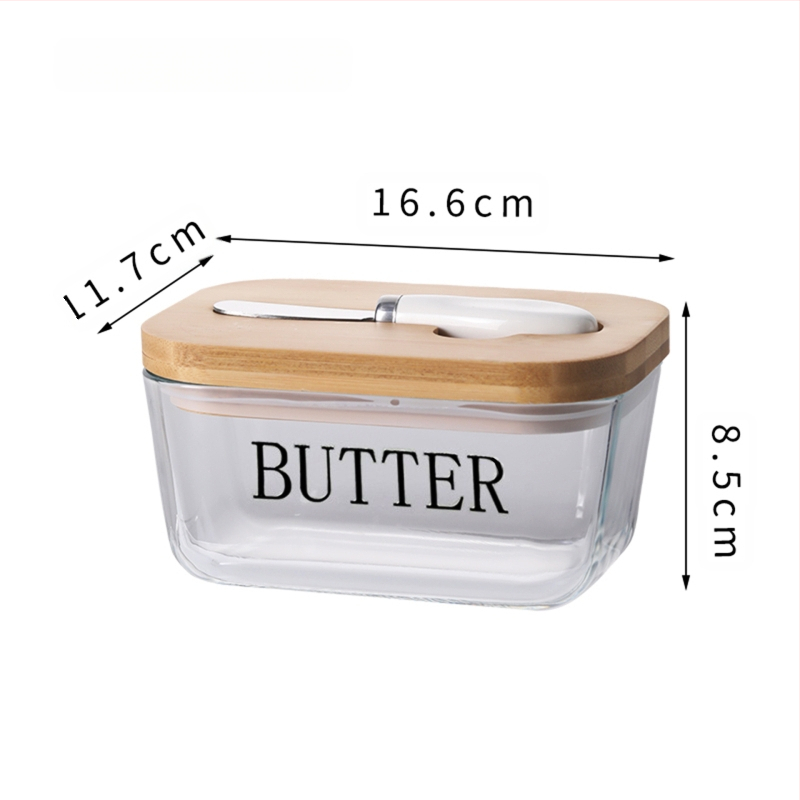 Läbipaistev klaasist võikarp bambusest kaane ja noaga keraamiline võipurk võikarp värske juustuga külmik lihtne