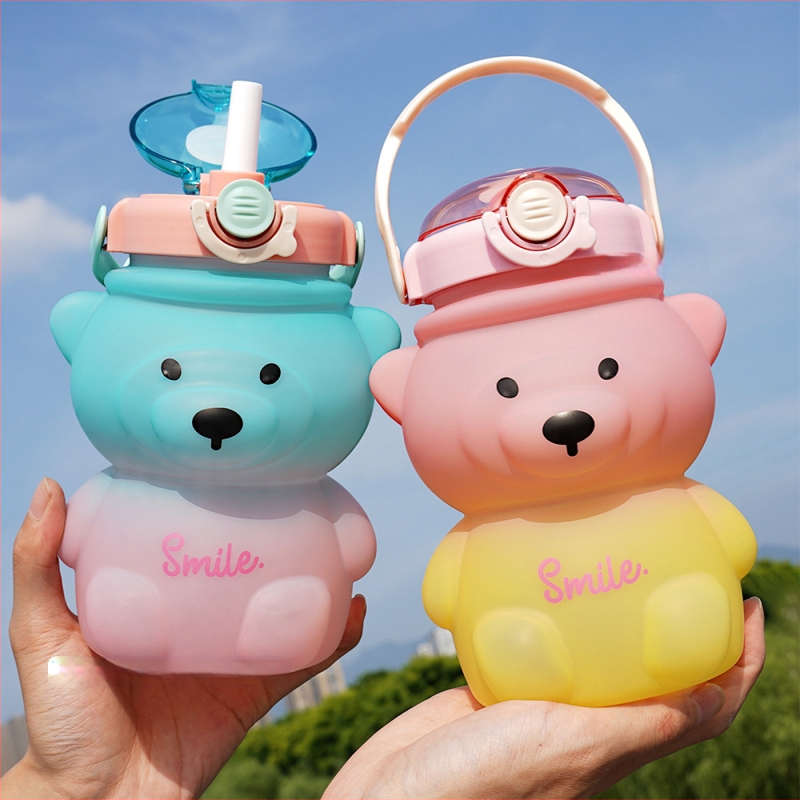 Vaikiškas, vertingas, meškiuko formos puodelis, mielas, studentiškas, 1 l talpos puodelis su dirželiu, didelės talpos puodelis, gradientinis plastikinis vandens puodelis