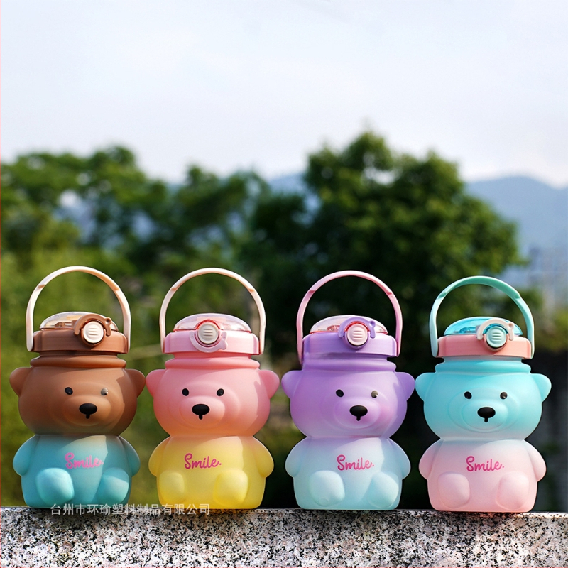 Vaikiškas, vertingas, meškiuko formos puodelis, mielas, studentiškas, 1 l talpos puodelis su dirželiu, didelės talpos puodelis, gradientinis plastikinis vandens puodelis