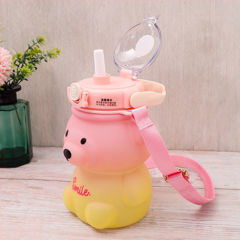 Vaikiškas, vertingas, meškiuko formos puodelis, mielas, studentiškas, 1 l talpos puodelis su dirželiu, didelės talpos puodelis, gradientinis plastikinis vandens puodelis