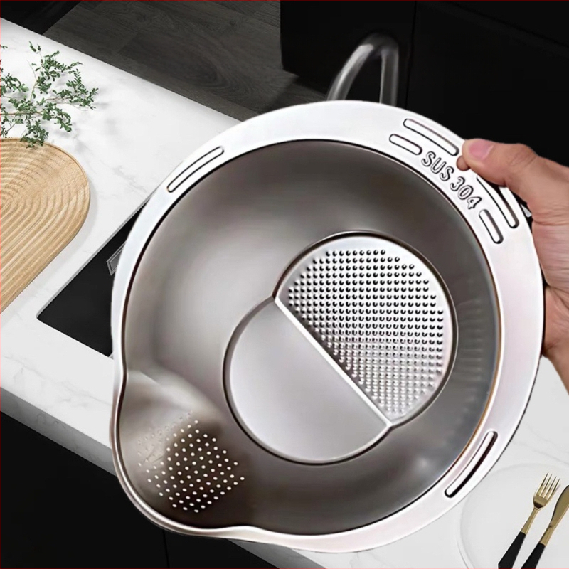304 maistinio nerūdijančio plieno virtuvės ryžių plovimo dubuo, vaisių drenažo dubuo, daržovių plovimo dubuo, perforuotas ryžių sietas, pasviręs dugnas, daugiafunkcis dubuo