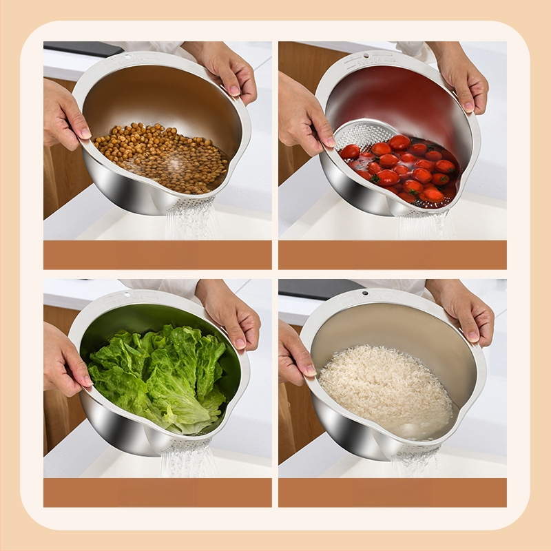 304 maistinio nerūdijančio plieno virtuvės ryžių plovimo dubuo, vaisių drenažo dubuo, daržovių plovimo dubuo, perforuotas ryžių sietas, pasviręs dugnas, daugiafunkcis dubuo