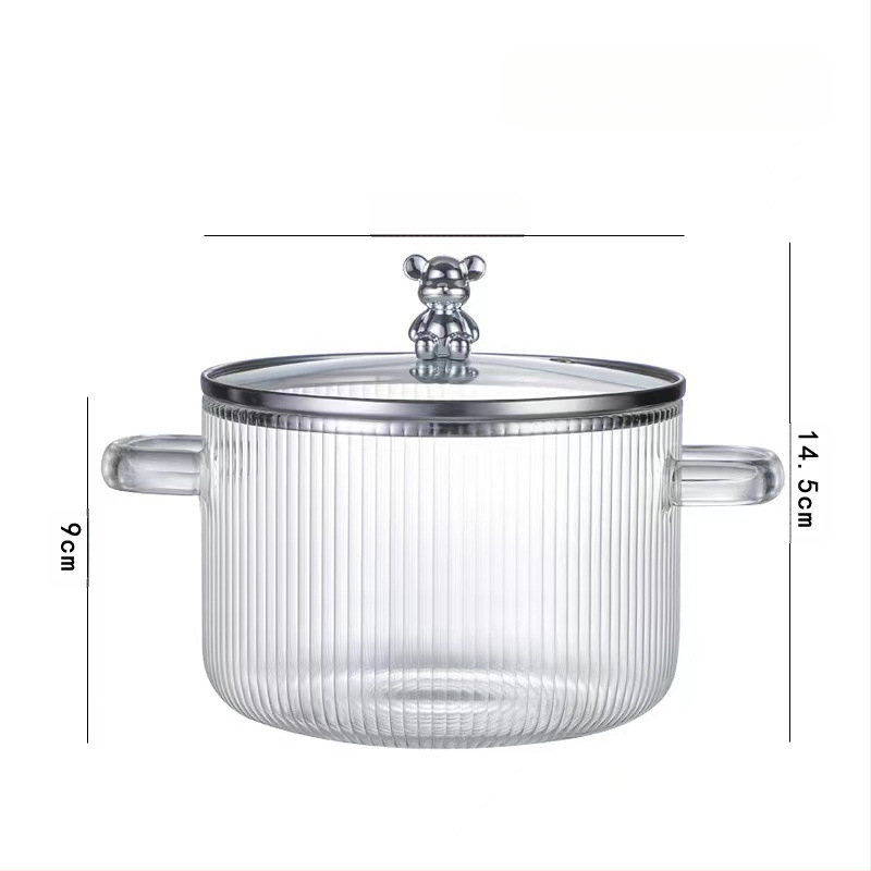 Dryžuotas troškinys su sutirštintu didelės talpos dvigubos rankenos permatomu stikliniu pieno puodu, greitai paruošiamų makaronų dubenėliu, aukštos vertės stikliniu puodu