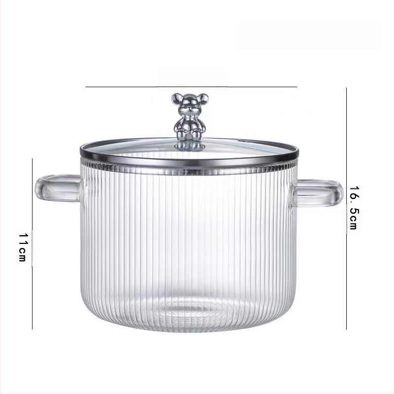 Dryžuotas troškinys su sutirštintu didelės talpos dvigubos rankenos permatomu stikliniu pieno puodu, greitai paruošiamų makaronų dubenėliu, aukštos vertės stikliniu puodu