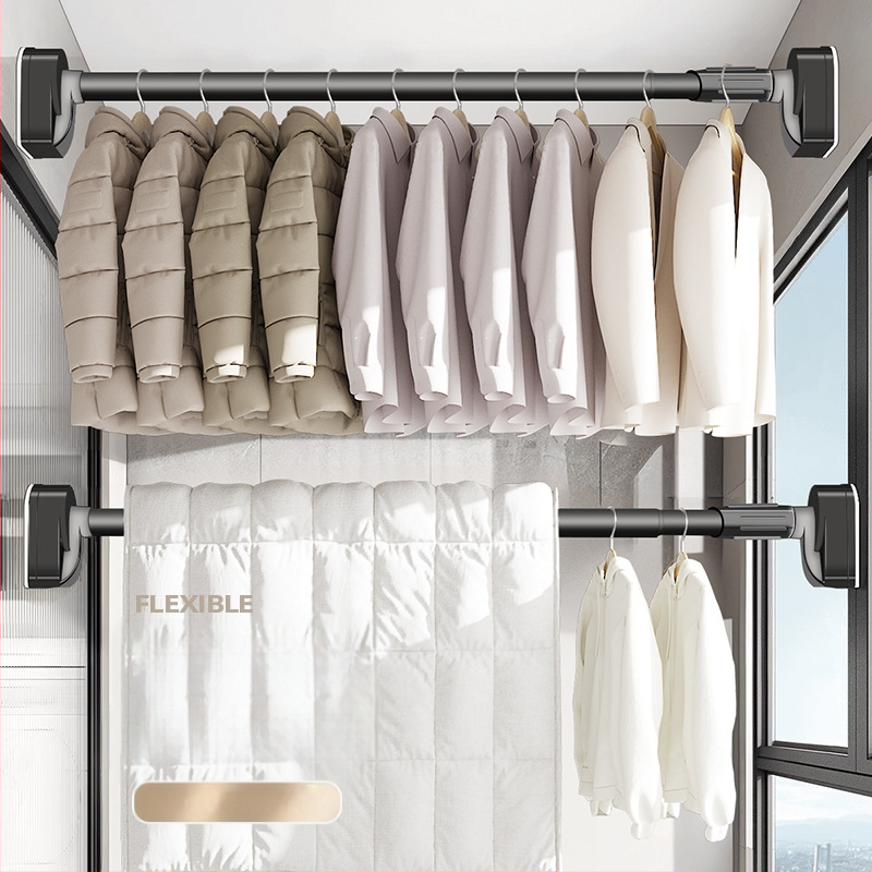 Rõdule mõeldud stantsivaba kuivatusrest, teleskoopvarras, majapidamiskardinate traksidega, roostevabast terasest torude kinnitus, üksikud jahedad riided kaitsevad