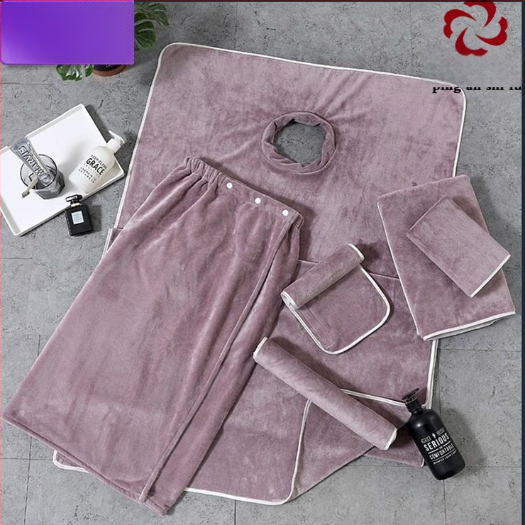 Grožio salono rankšluostis su mikropluošto logotipu, be pūkelių, odos priežiūros galvos apdangalas, trijų dalių rinkinys.