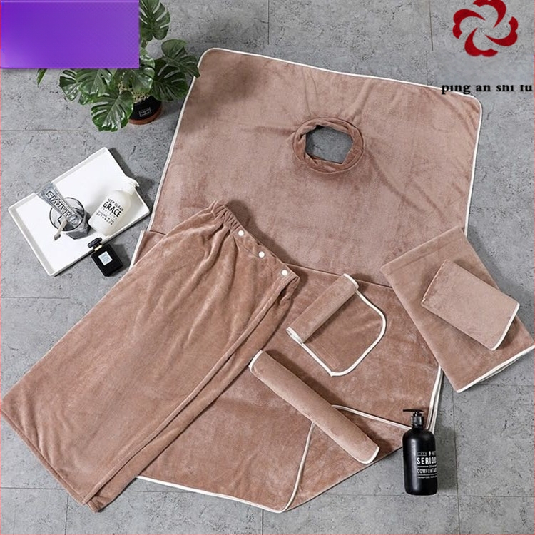 Grožio salono rankšluostis su mikropluošto logotipu, be pūkelių, odos priežiūros galvos apdangalas, trijų dalių rinkinys.