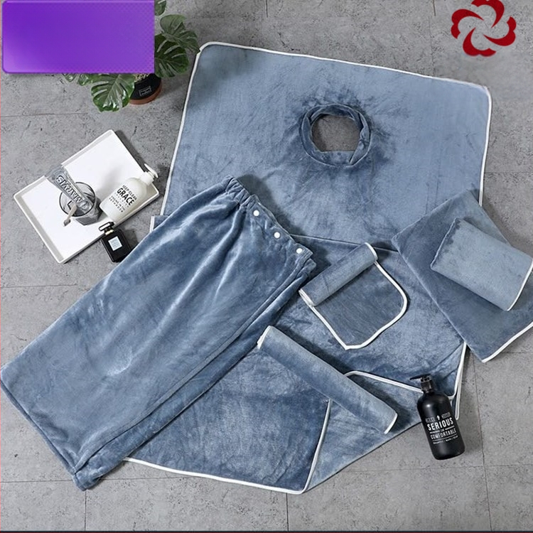 Grožio salono rankšluostis su mikropluošto logotipu, be pūkelių, odos priežiūros galvos apdangalas, trijų dalių rinkinys.