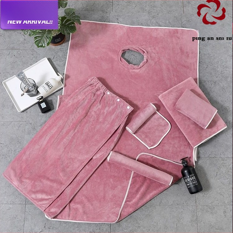 Grožio salono rankšluostis su mikropluošto logotipu, be pūkelių, odos priežiūros galvos apdangalas, trijų dalių rinkinys.