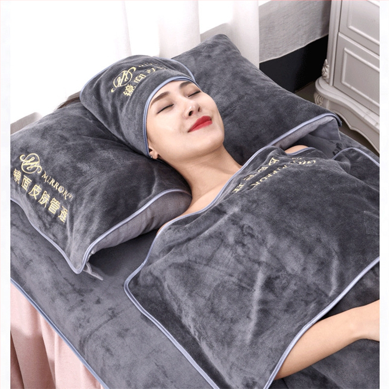 Grožio salono rankšluostis su mikropluošto logotipu, be pūkelių, odos priežiūros galvos apdangalas, trijų dalių rinkinys.