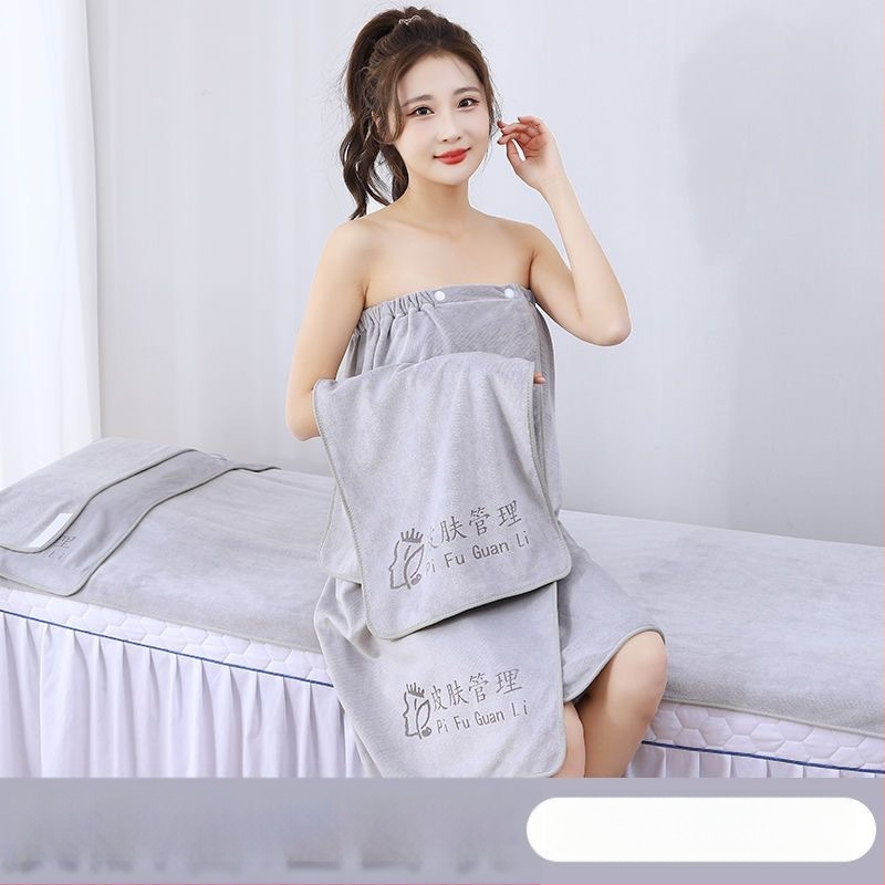 Grožio salono rankšluostis su mikropluošto logotipu, be pūkelių, odos priežiūros galvos apdangalas, trijų dalių rinkinys.