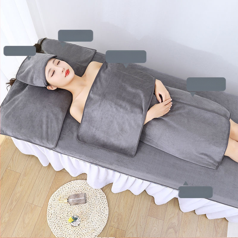 Grožio salono rankšluostis su mikropluošto logotipu, be pūkelių, odos priežiūros galvos apdangalas, trijų dalių rinkinys.