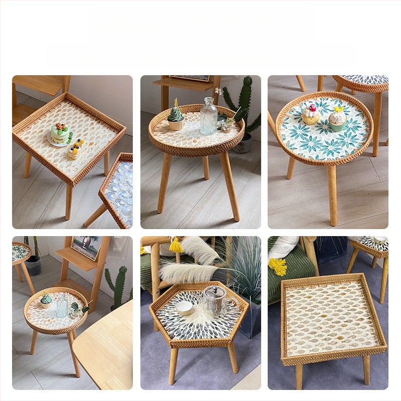 Rankomis austas spalvingas, įvairių stilių rotango padėklas su kojelėmis, aukštos kokybės, lengvas, prabangus, mažas šoninis staliukas